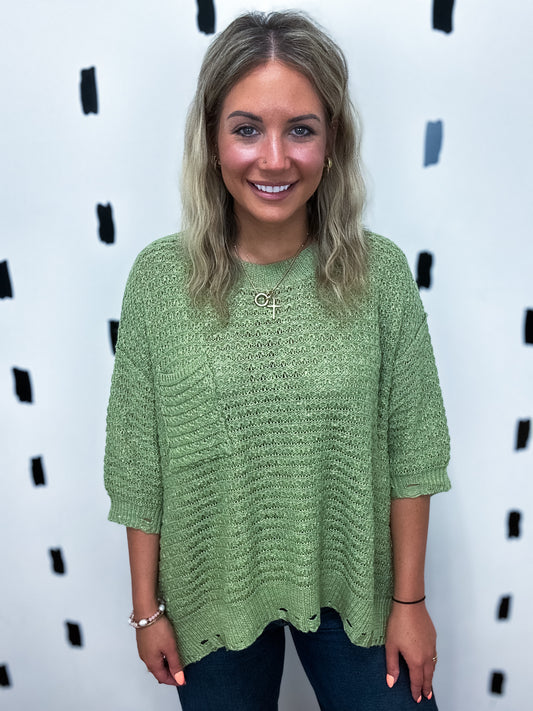 Matcha Distressed Short Sleeve Loose Sweater