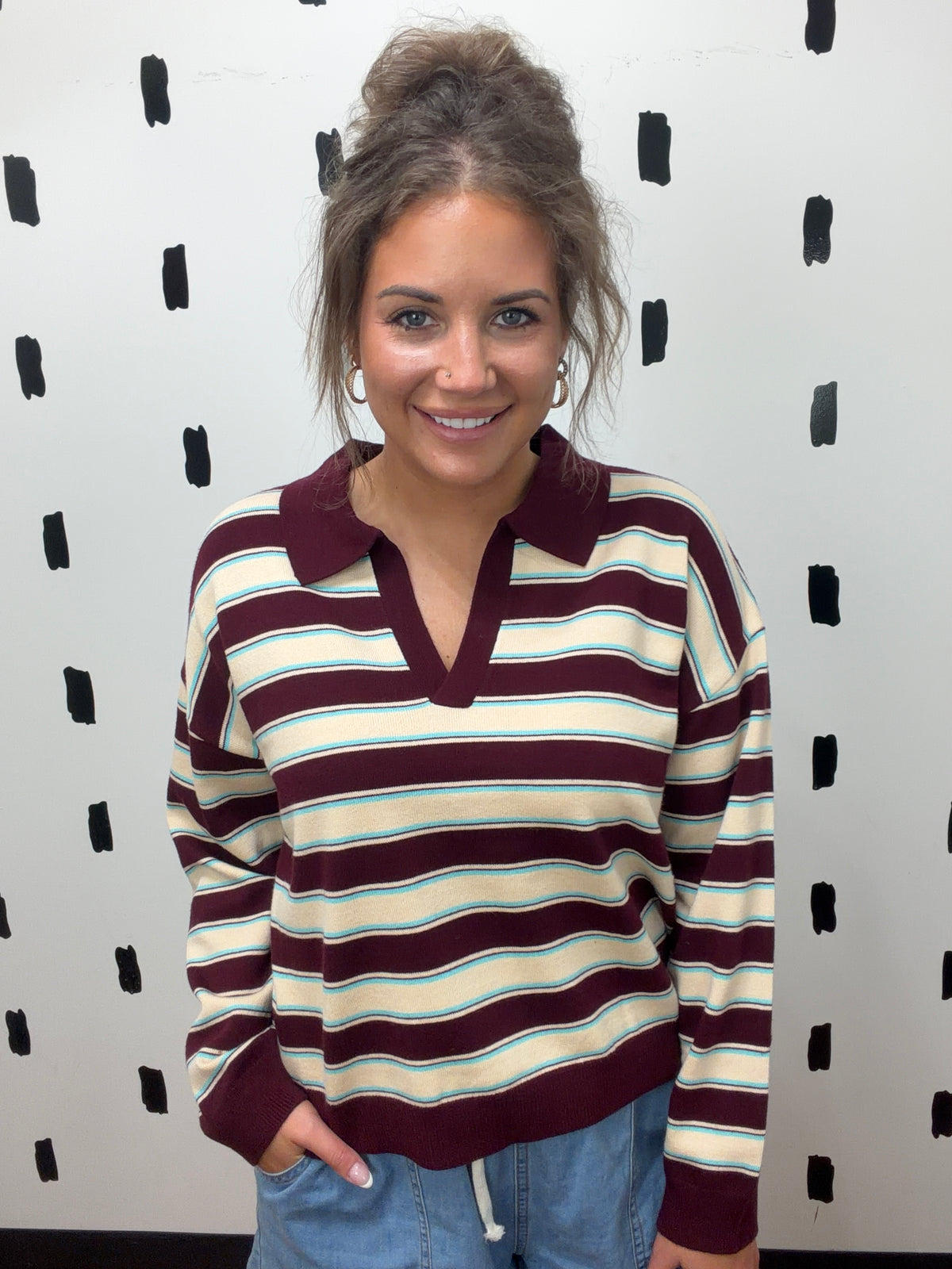 Maroon/Mint Long Sleeve Stripe Polo