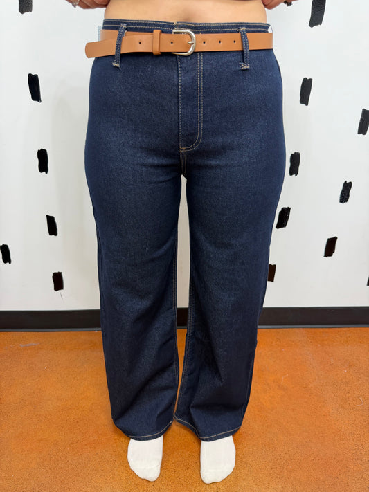 Dark Denim Wide Leg Jeans W/ Belt