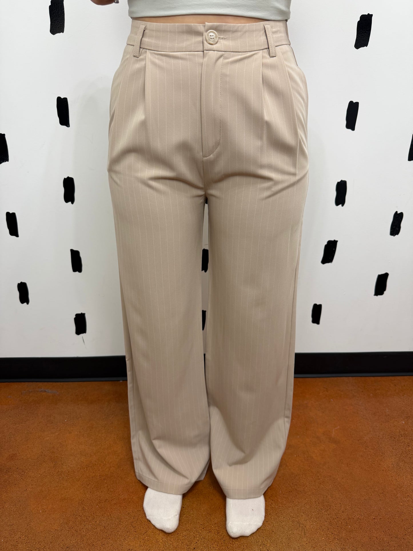 Beige/White Pin Stripe Straight Pants