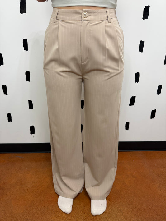 Beige/White Pin Stripe Straight Pants