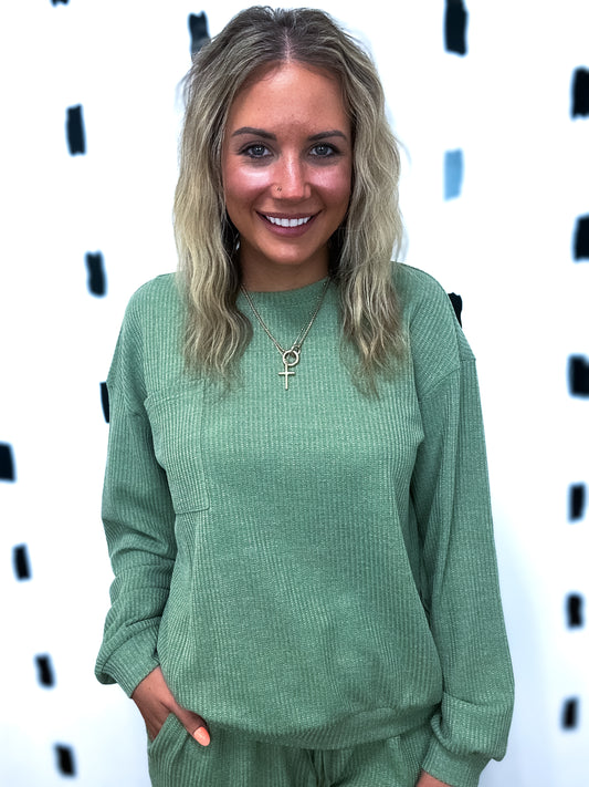 Olive Waffle Knit Long Sleeve Top