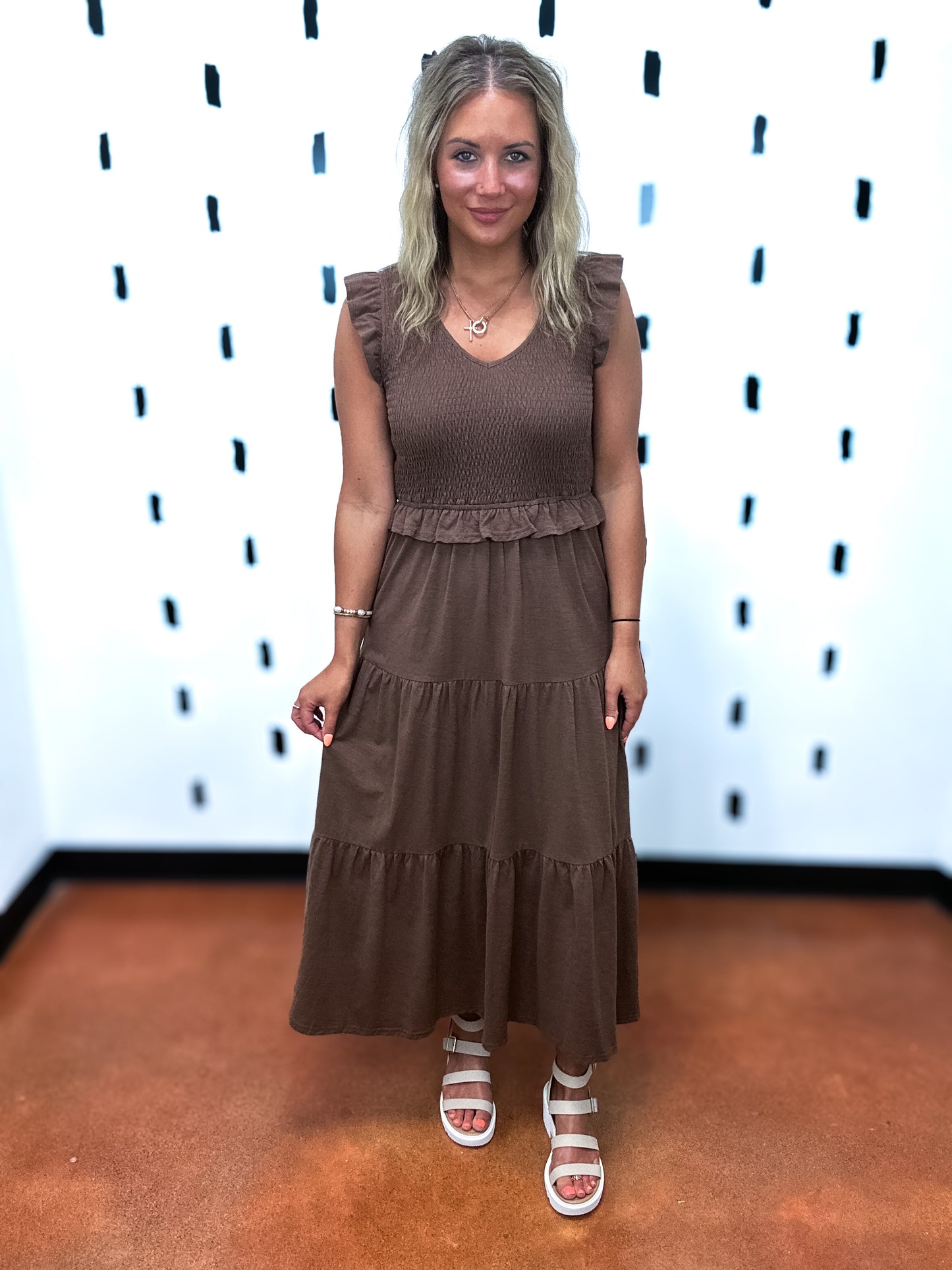 Mocha Smocking Detail Knit Midi Dress