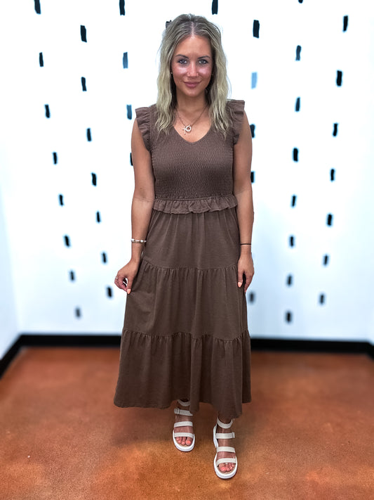 Mocha Smocking Detail Knit Midi Dress