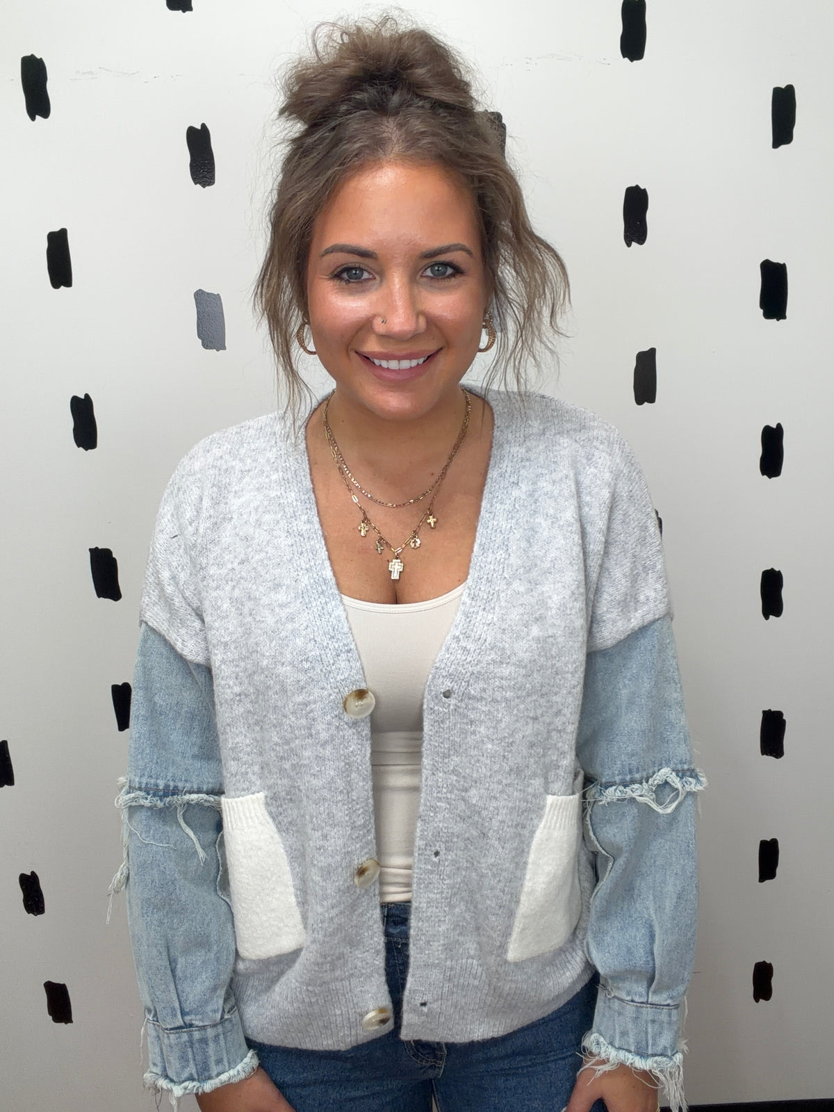 Lt.Grey Mixed Media Button Up Cardigan