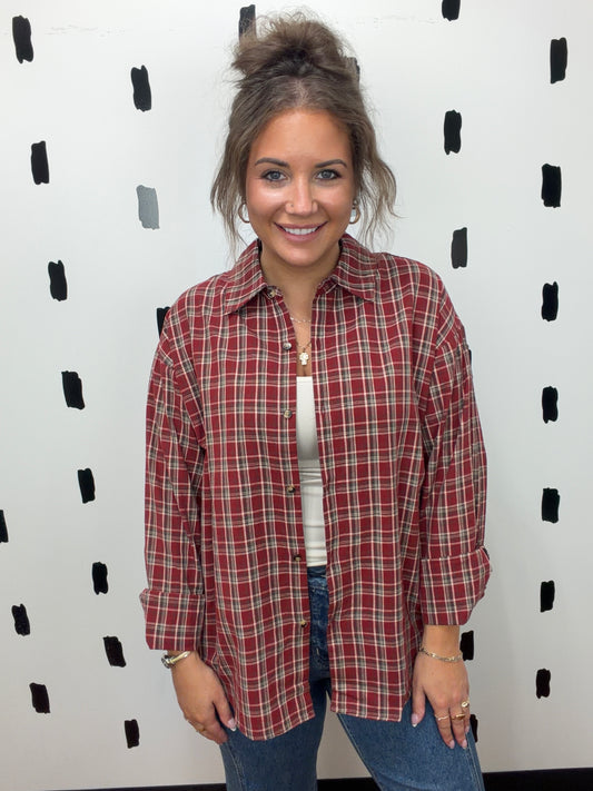 Dark Red Button Up Plaid Top