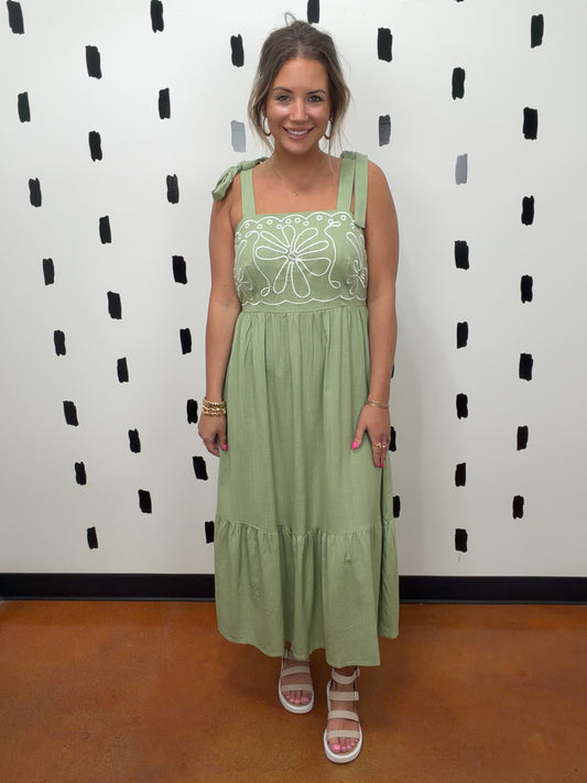 Sage Embroidery Detail Midi Sleeveless Dress