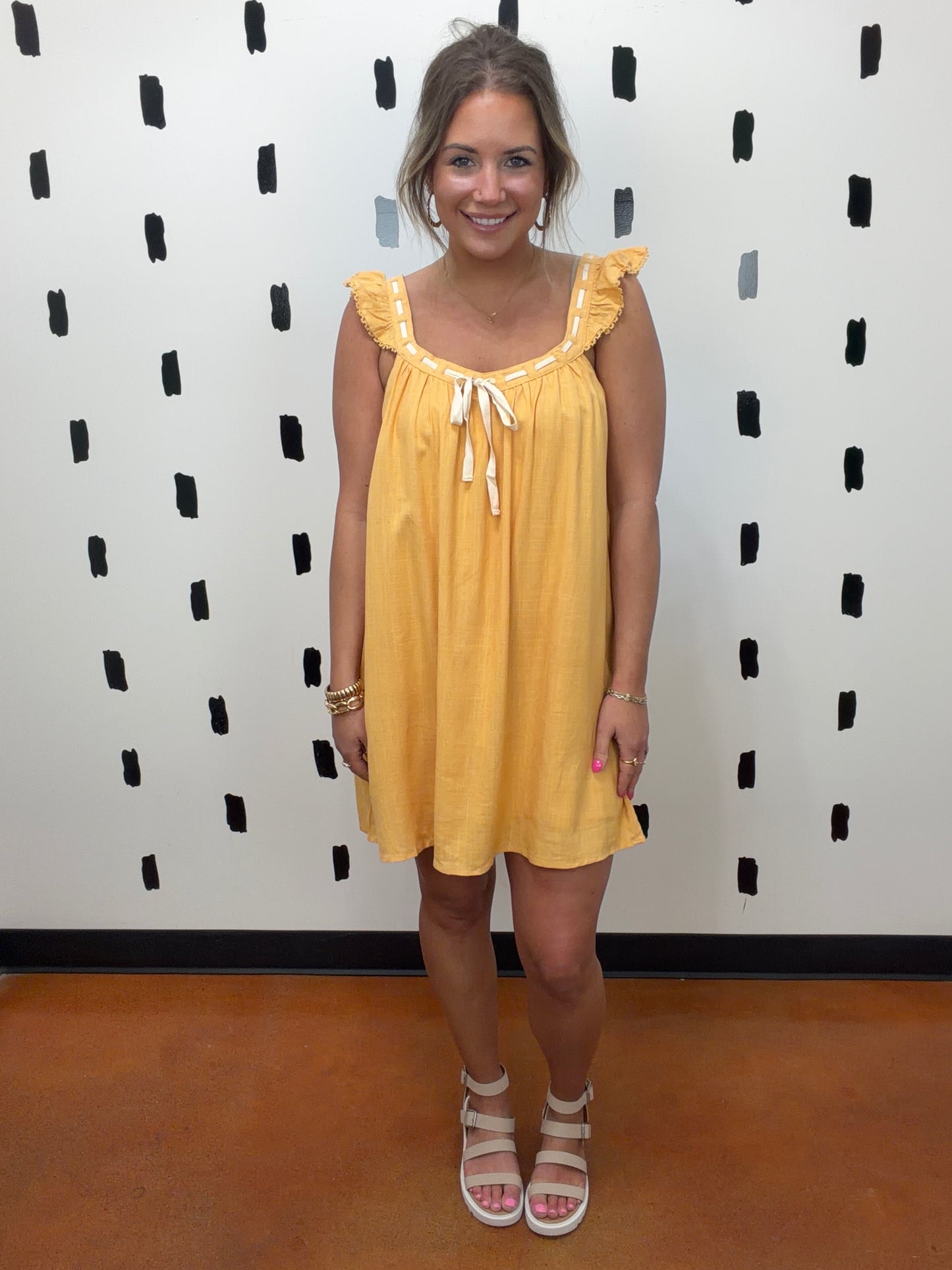 Yellow Ruffle Sleeve Woven Mini Shift Dress