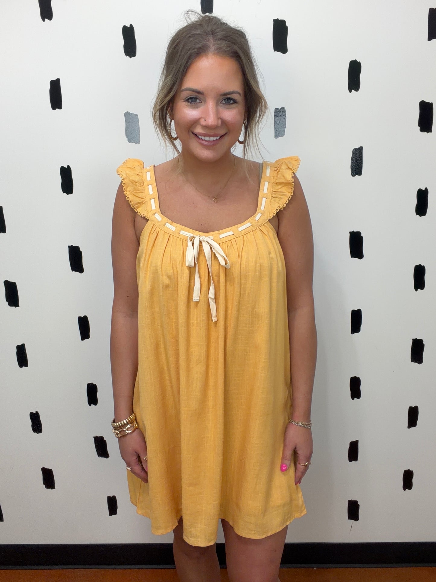 Yellow Ruffle Sleeve Woven Mini Shift Dress
