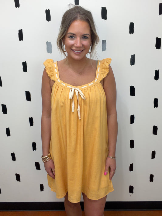 Yellow Ruffle Sleeve Woven Mini Shift Dress