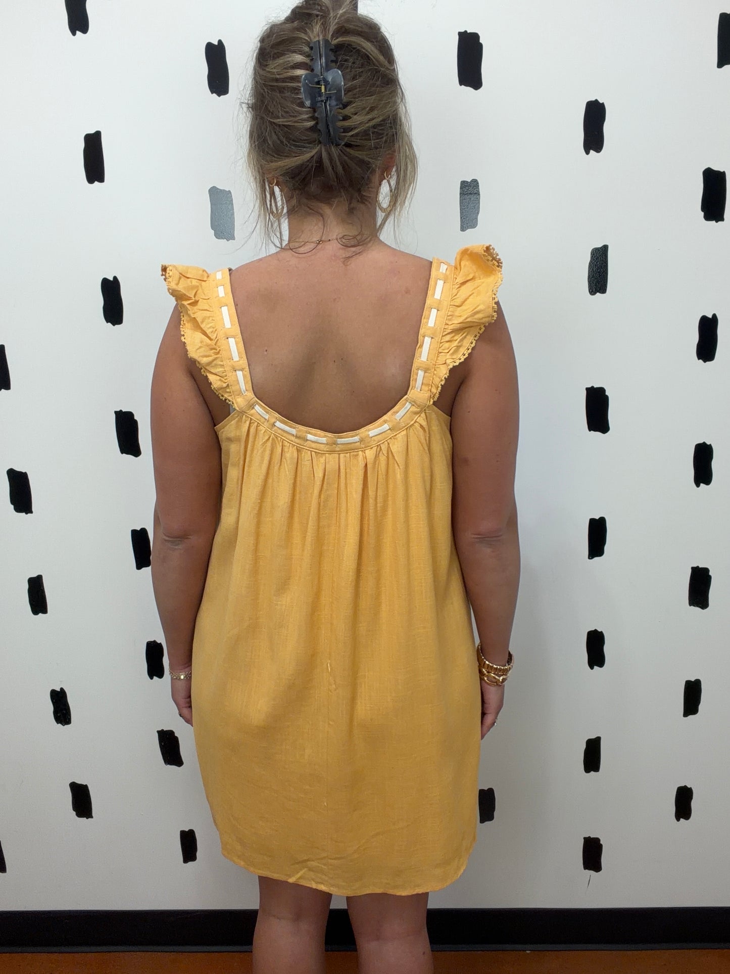 Yellow Ruffle Sleeve Woven Mini Shift Dress