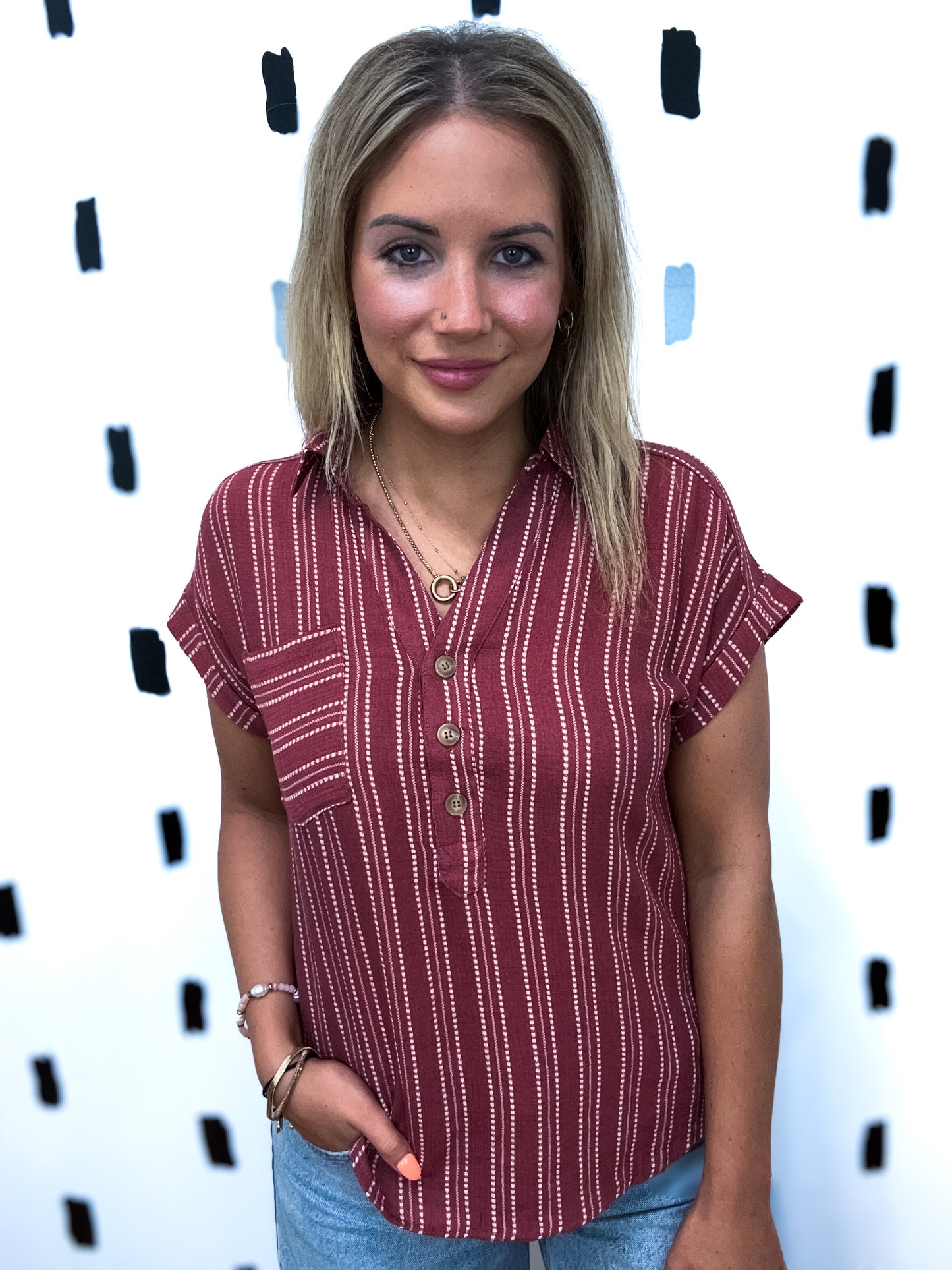 Burgundy Striped Half Button Short Sleeve Top