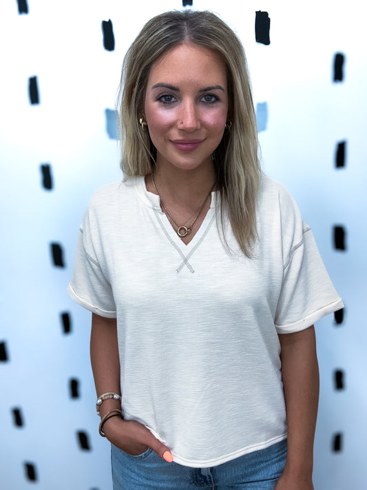 Cream Contrast Stitch Cuff Short Sleeve Top
