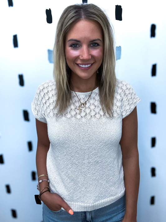 Ivory Eyelet Yoke Sweater Knit Top
