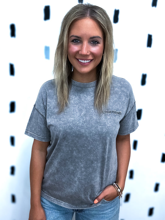 Charcoal Good Vibes Embroidered Short Sleeve Tee