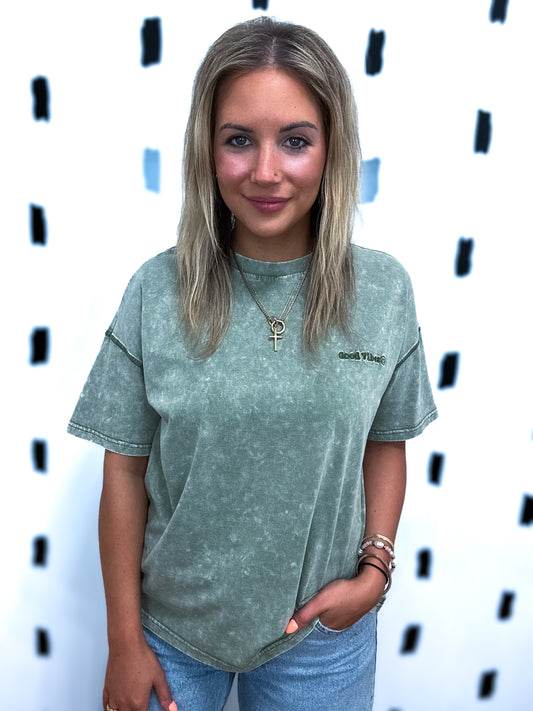 Olive Good Vibes Washed Short Sleeve Tee