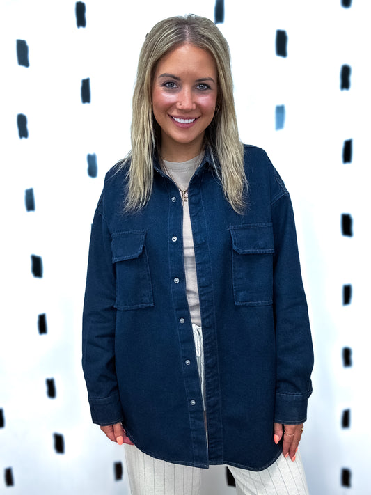 Dark Denim Button Down Long Sleeve Shacket