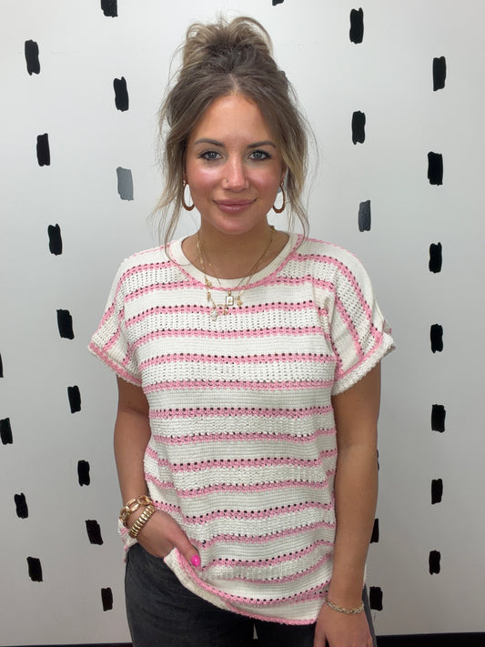 Ivory/Pink Short Sleeve Open Knit Top