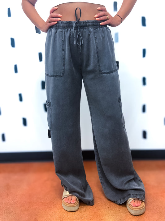 Charcoal Mineral Wash Tencel Wide Pants