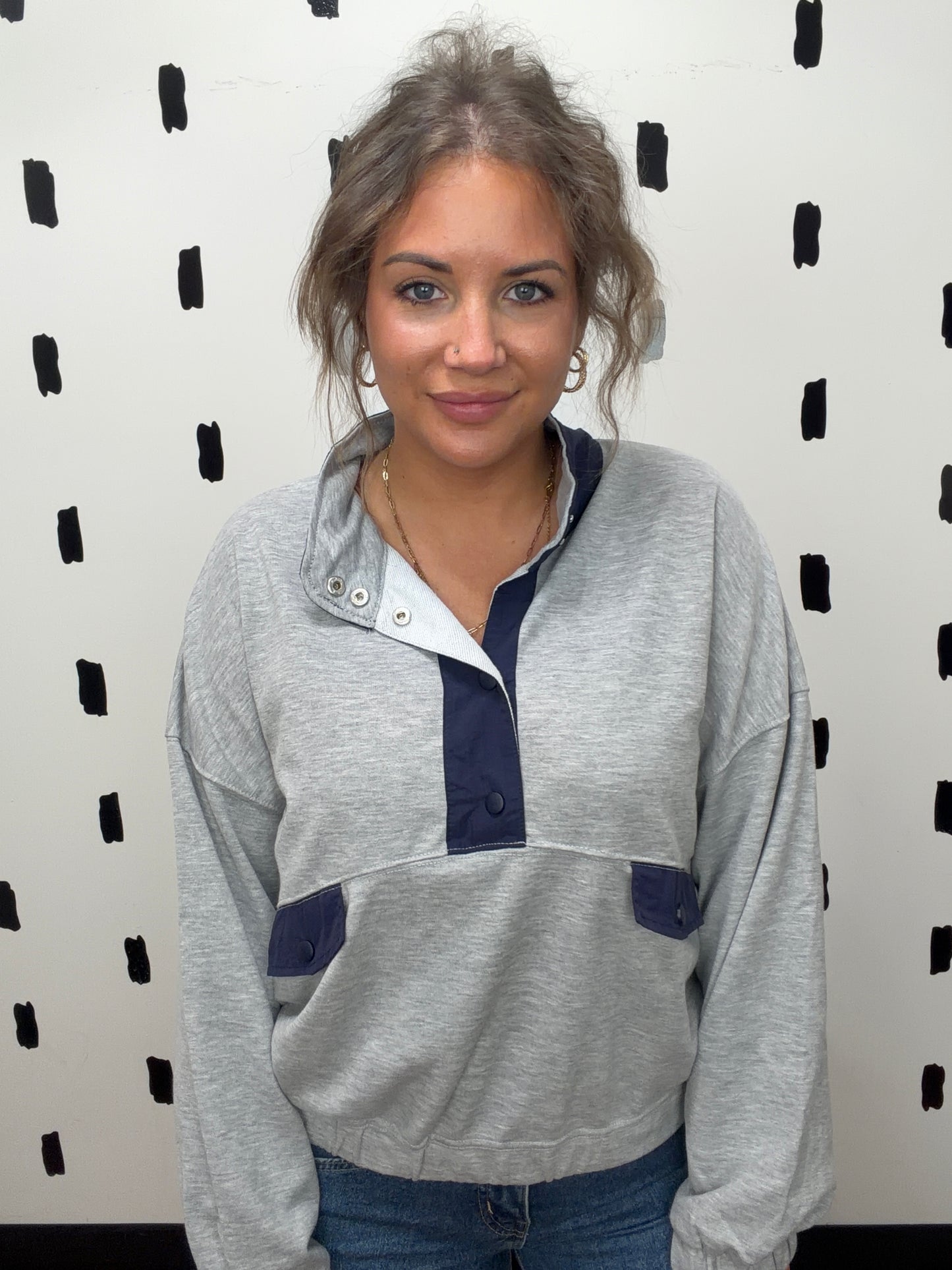 H.Grey Contrast Button-Up Collar Top
