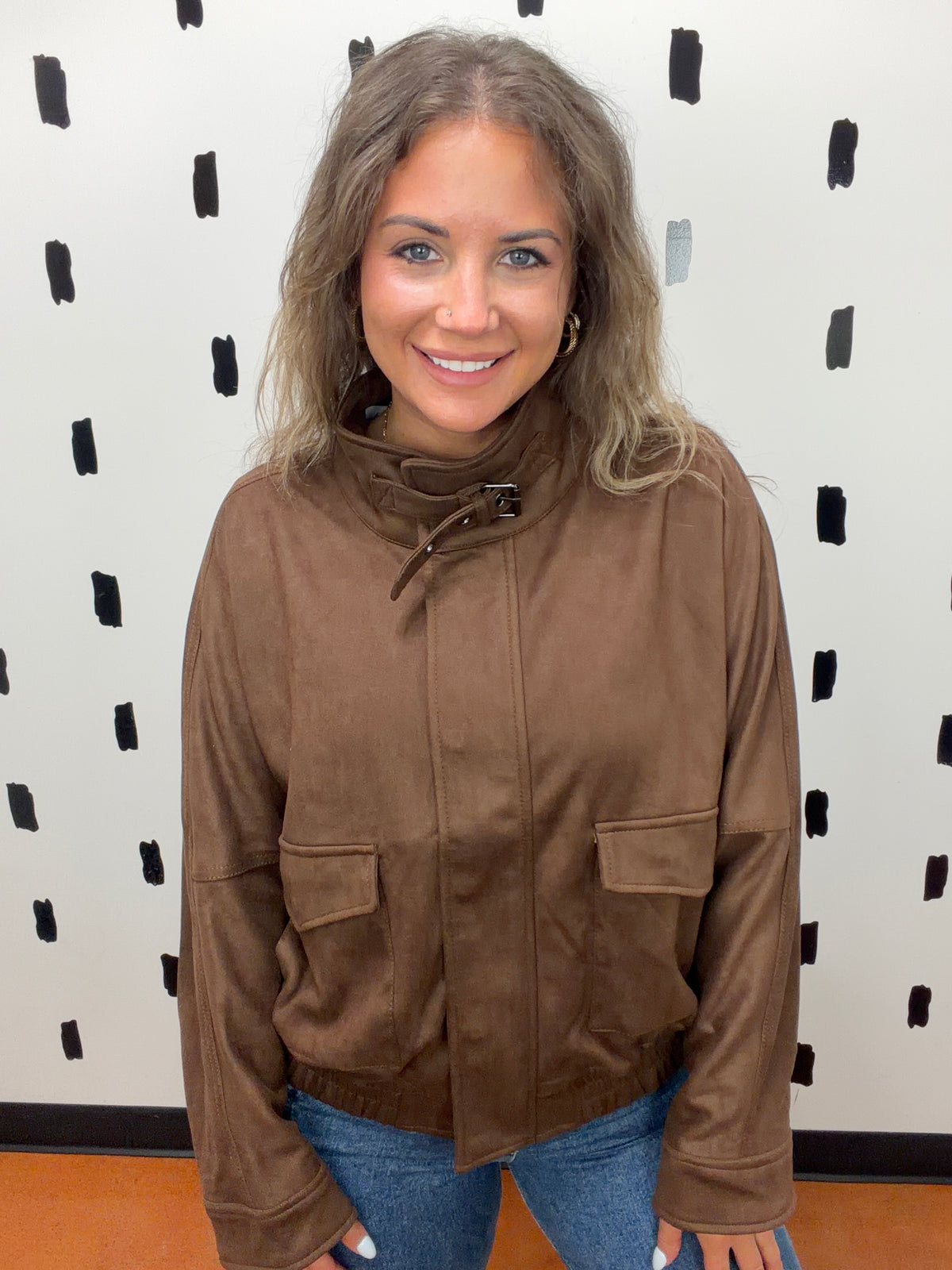 Toffee Brown High Neck Faux Suede Jacket