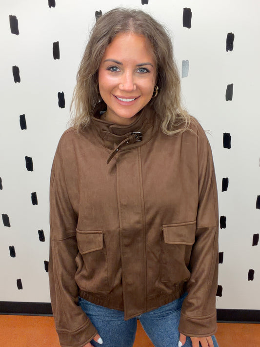Toffee Brown High Neck Faux Suede Jacket