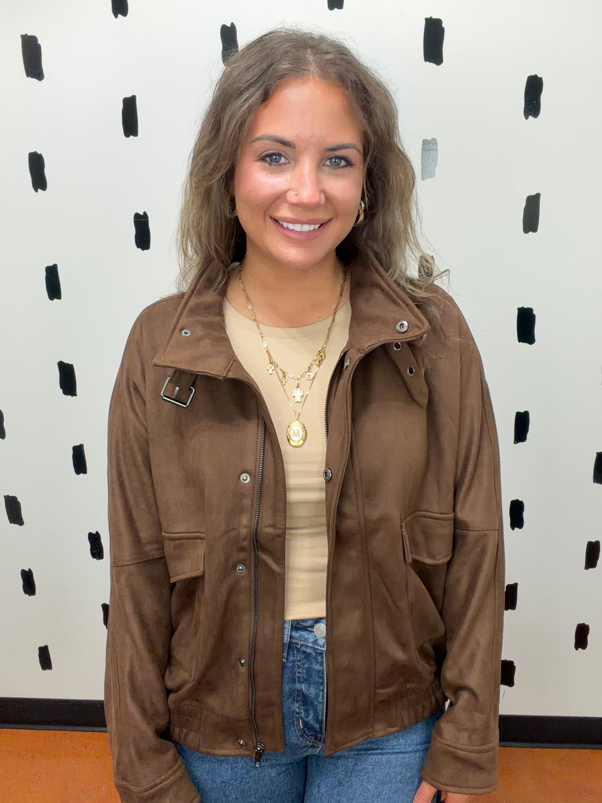 Toffee Brown High Neck Faux Suede Jacket