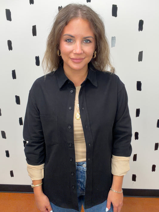 Black Long Sleeve Brushed Twill Top