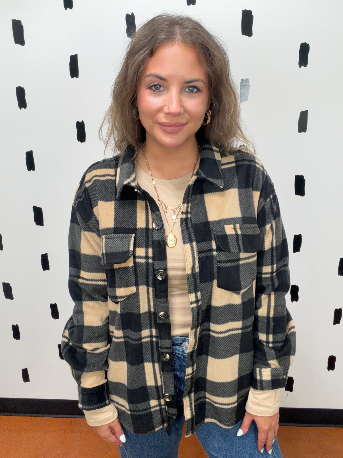 Taupe Long Sleeve Check Print Shacket