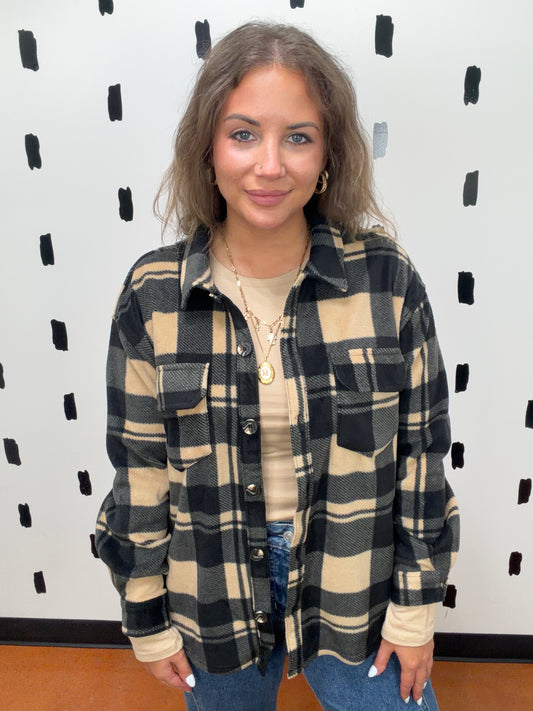 Taupe Long Sleeve Check Print Shacket
