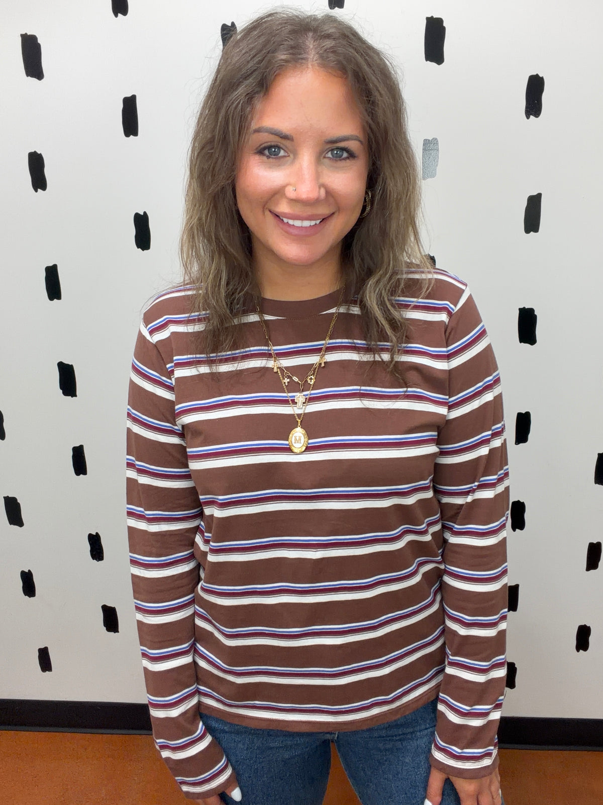 Brown/Ivory Long Sleeve Striped Top