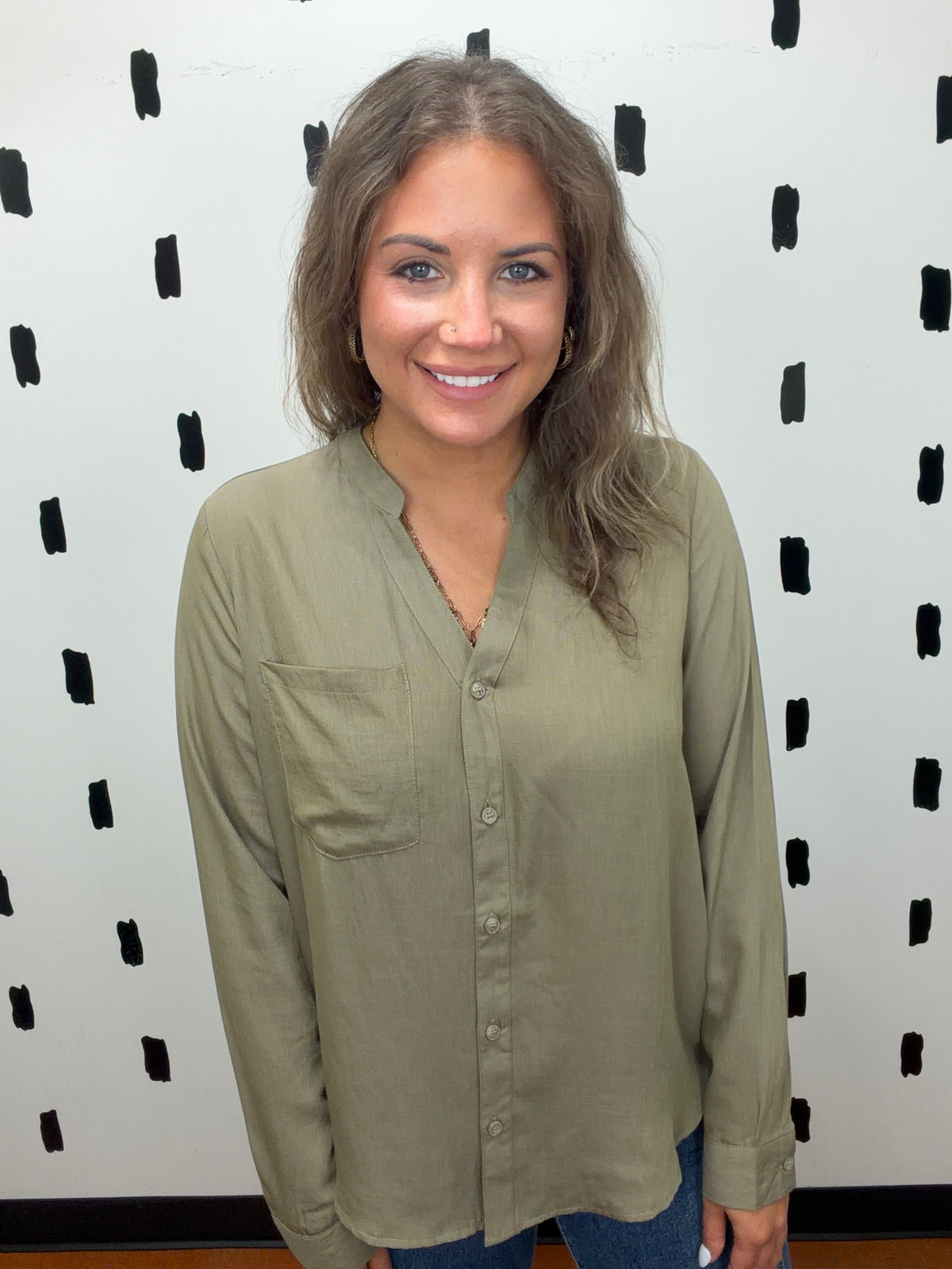 Olive Long Sleeve Button Up Blouse