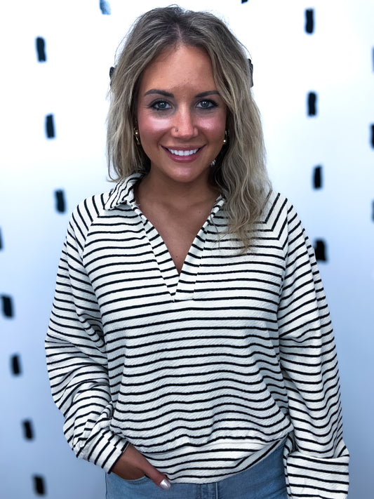 Cream Striped Collared Pullover