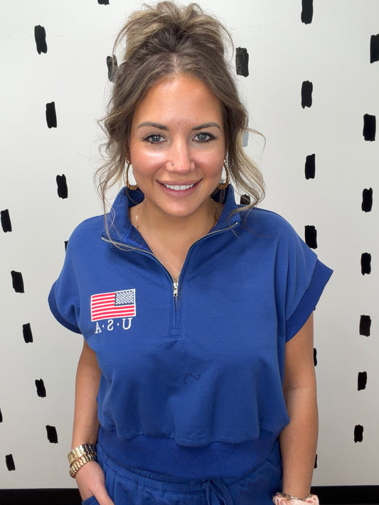 Navy Blue Zip Up USA Top