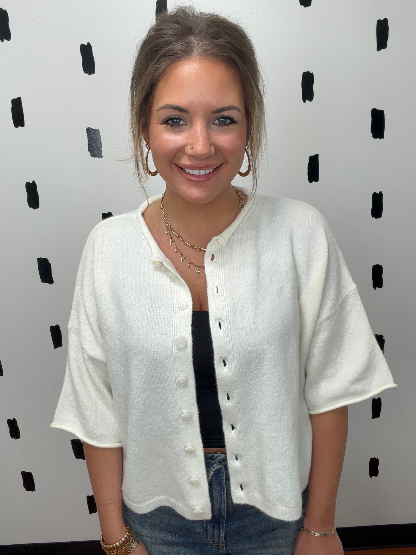 Ivory Button Up Short Sleeve Sweater