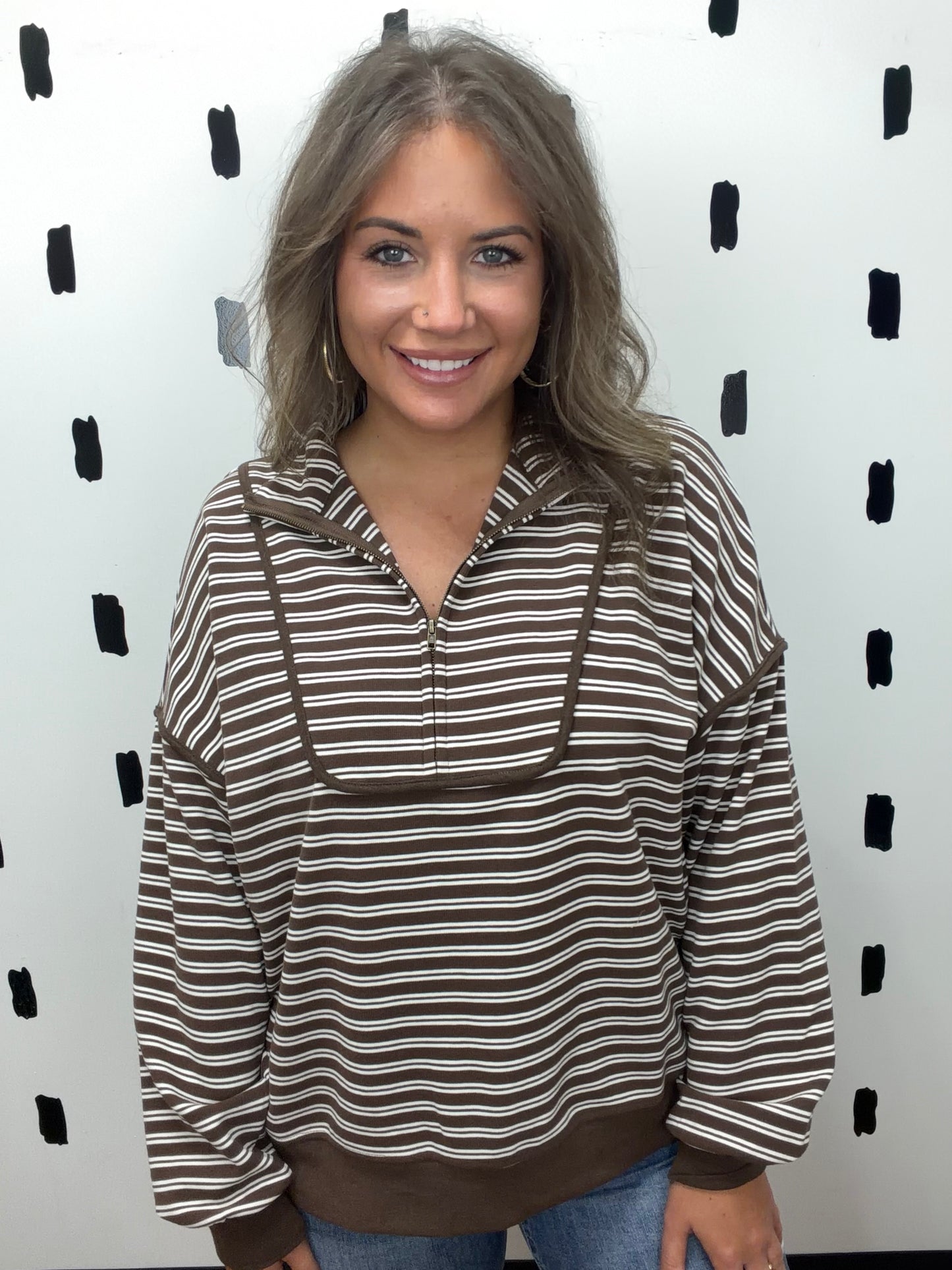 Chocolate Brown Half Zip Stripe Long Sleeve Top