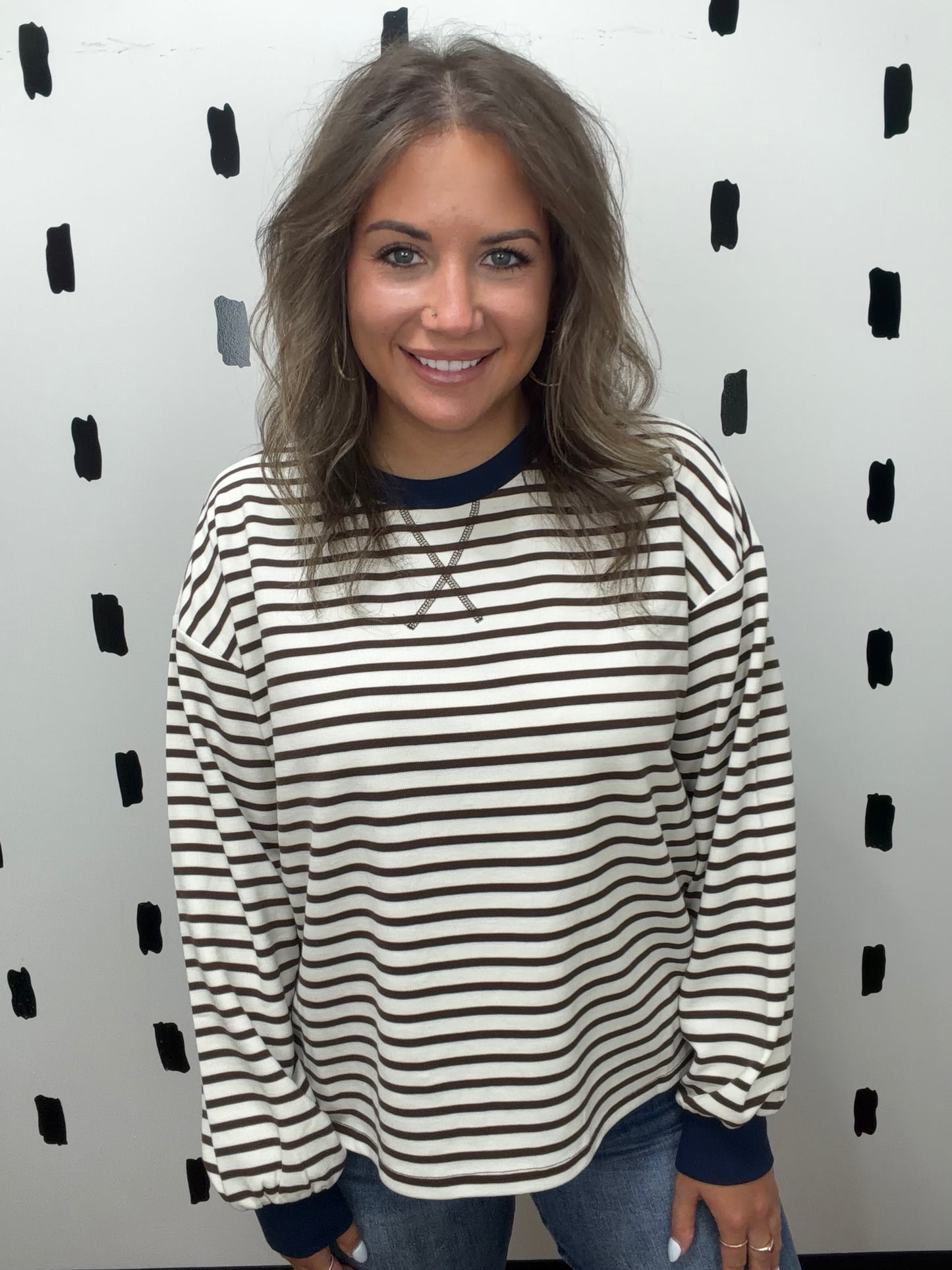 Brown Stripe Crew Neck Long Sleeve Knit Top
