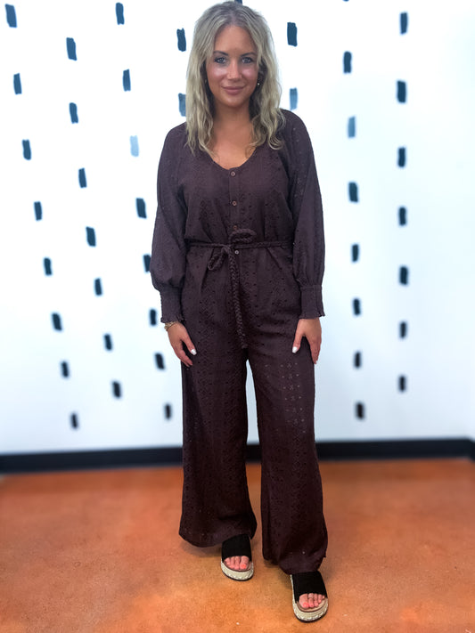 Brown Button Front Waist Tie Jumpsuit