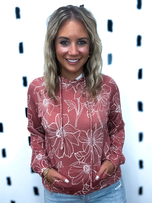 Brown Floral Ribbed Hoodie Top