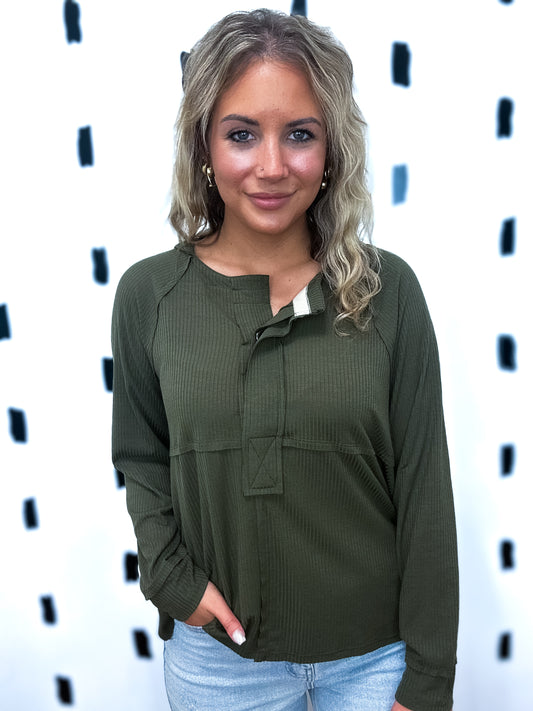 Dark Olive Ribbed Knit Hoodie Top