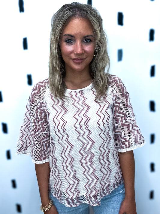 White Zig Zag Lace Short Sleeve Blouse