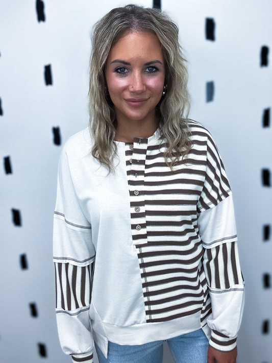 Khaki Striped Patchwork Long Sleeve Top