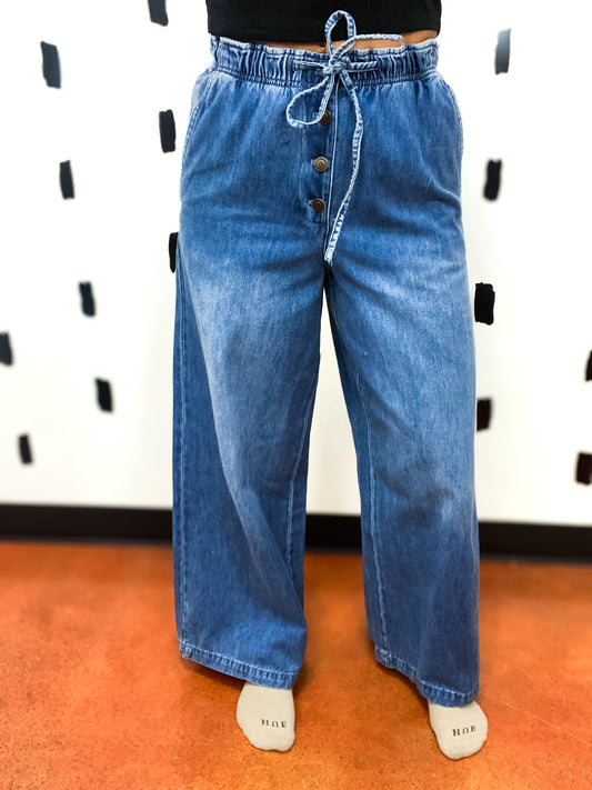 Washed Denim Wide Leg Pants