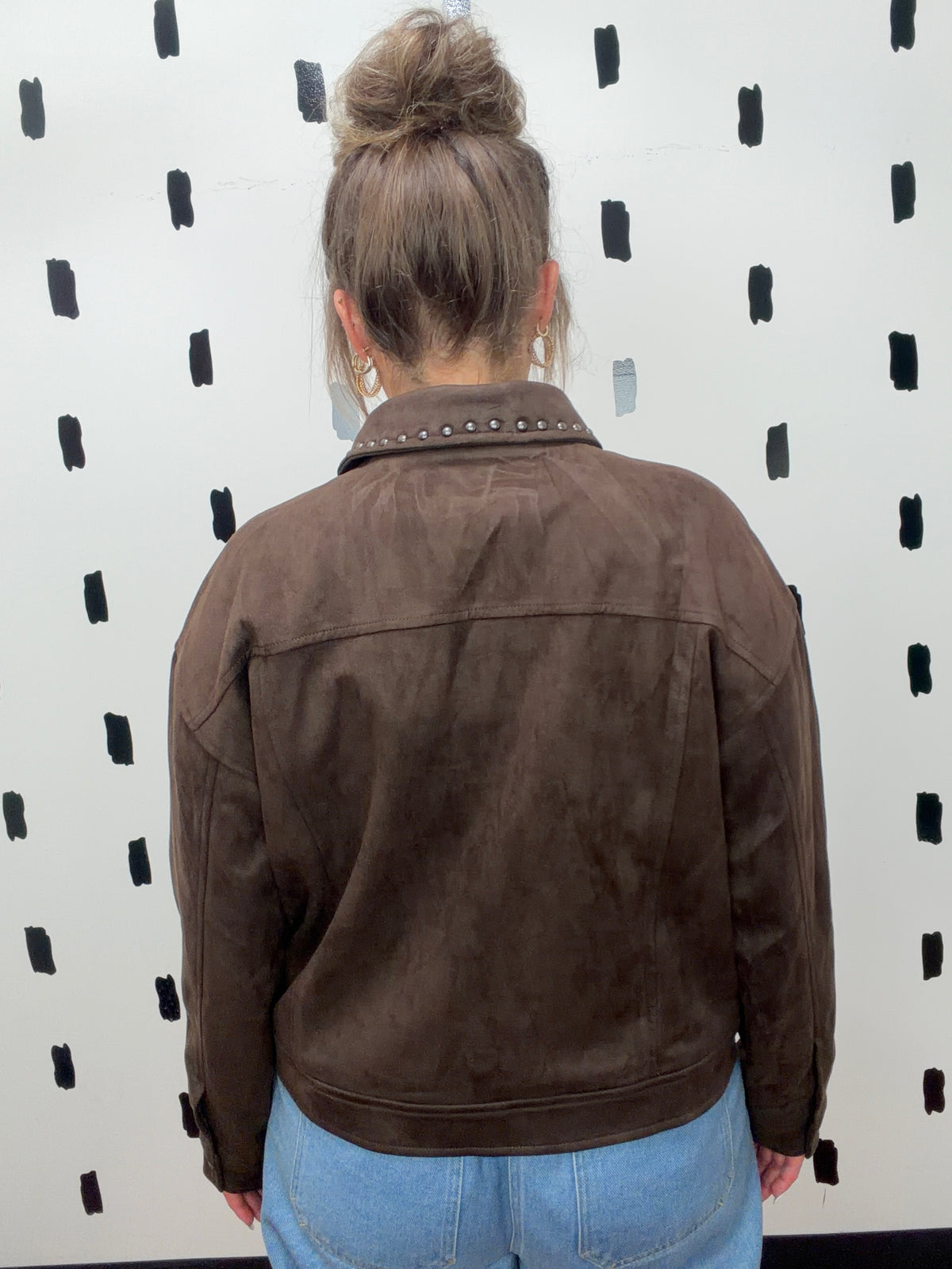 Dark Brown Studded Zip Up Suede Jacket