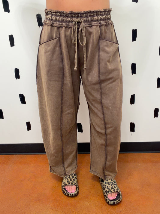 Brown Mineral Wash Wide Leg Pants