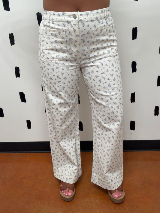 Blue Ditsy Floral Wide Leg Pants