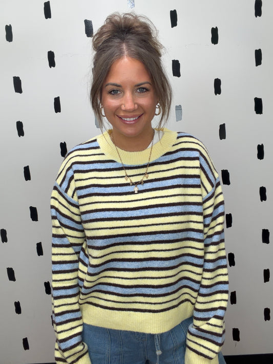 Butter Yellow Striped Crew Neck Sweater