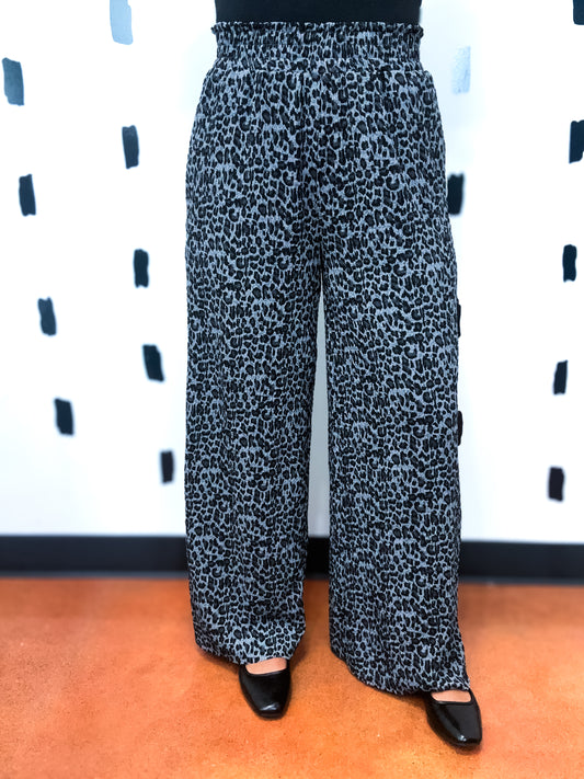 Gray Leopard Wide Leg Pants