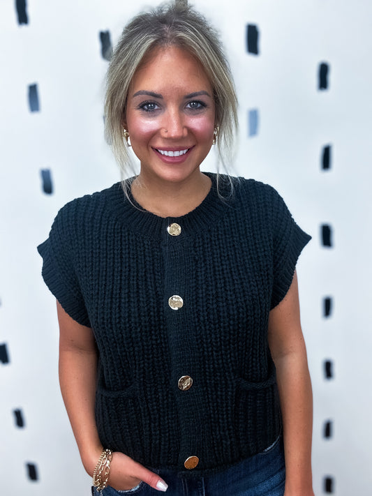 Black Gold Button Short Sleeve Sweater