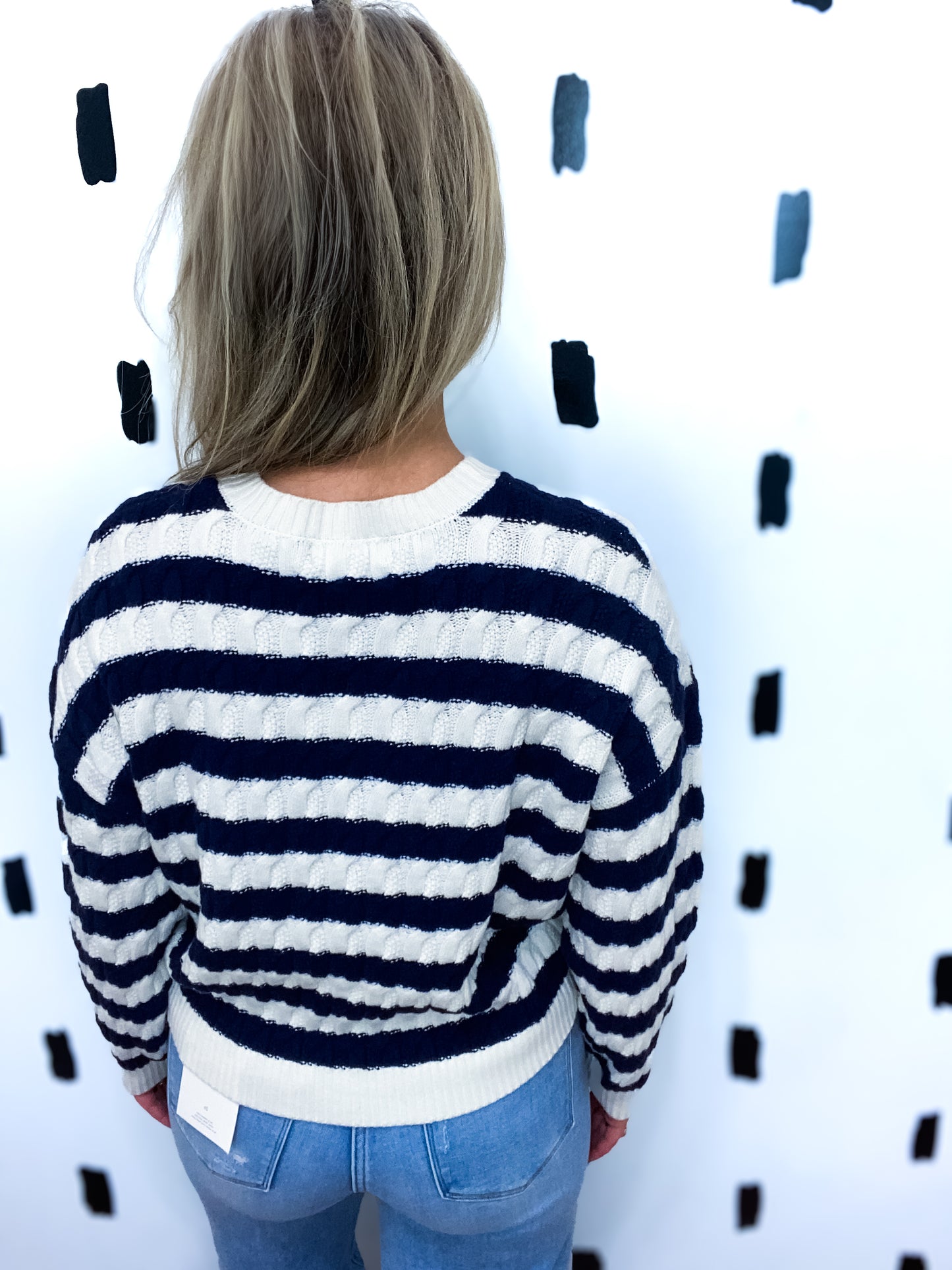 Navy Stripe Crew Neck Cable Knit Sweater